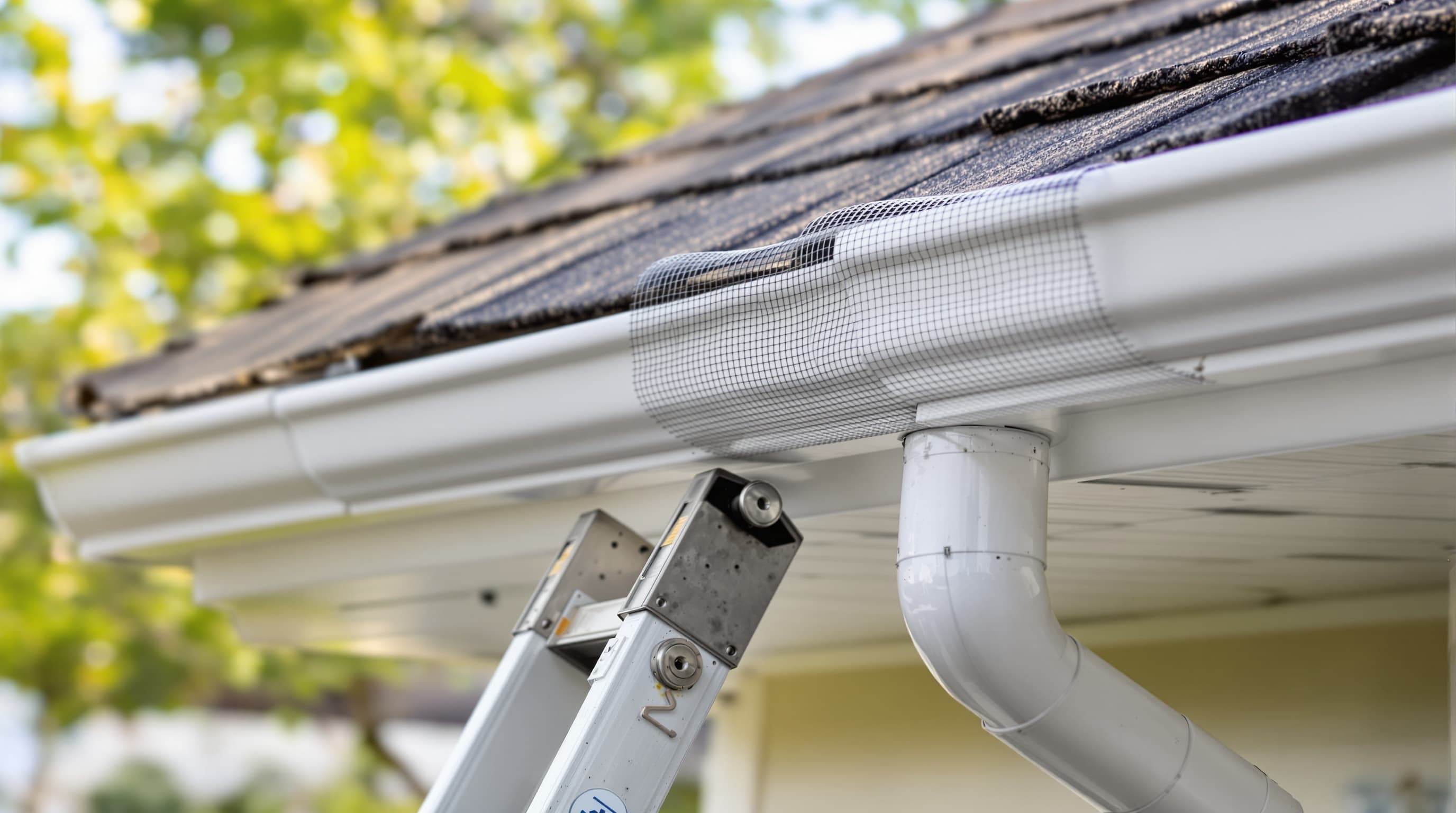 Mesh gutter guard fitted over a white aluminum gutter at the edge of a shingle roof
